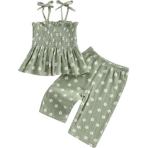 Toddler Baby Infant Girl Summer Outfit Sleeveless Tied Bow Print Cami Tank Tops Elastic Band Pants 2Pcs Clothes Set