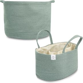 Natemia Extra Large Rope Storage Basket and Cotton Rope Diaper Caddy - Nursery Bin and Toy Organizer Laundry Basket, Basket for Towels, Pillows and Blankets, Perfect Baby Registry Gift - Lily Pad