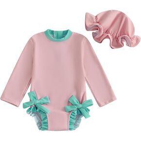 Infant Baby Girl Swimsuit Bow Print Long Sleeve Zipper One Piece Bathing Suit with Sun Hat Swimwear Rash Guard
