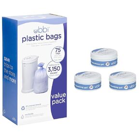 Ubbi Disposable Diaper Pail Plastic Bags, Value Pack, 75 Count, 13-Gallon Bags & Lavender Scented Absorbing Gel Value Pack - 3 Count Diaper Pail Odor Control for Baby Nursery