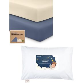 KeaBbaies 2-Pack Waterproof Crib Sheets and Toddler Pillow with Pillowcase - Cotton 52X28 Neutral Fitted Crib Protector Sheets - 13X18 Soft Cotton Toddler Pillows for Sleeping