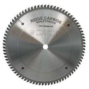 Ridge Carbide 10" 80T, Super Miter Saw Blade, Triple Chip Grind (TCG),-5° Hook, 5/8" Bore, Plate Thickness 0.094", Full Kerf (0.125") Non-Ferrous Saw Blade for Cutting Non-Ferrous Metals