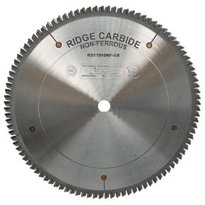 Ridge Carbide 10" 100T, Super Miter Saw Blade, Triple Chip Grind (TCG),-5° Hook, 5/8" Bore, Plate Thickness 0.094", Full Kerf (0.125") Non-Ferrous Saw Blade for Cutting Non-Ferrous Metals