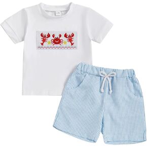 Toddler Baby Boy Lobster Clothes Crawfish Print Short Sleeve T Shirt Striped Shorts Sets Infant Summer Clothing Set