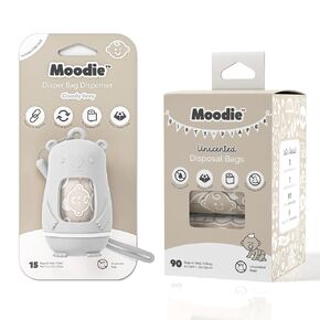 Moodie Teddy Bear Diaper Bag Dispenser w/Silicon Strap (CLOUDY GREY) & 6 Refill Roll PACK (UNSCENTED - 105 Bags TOTAL) | Diaper Bag Essential Items