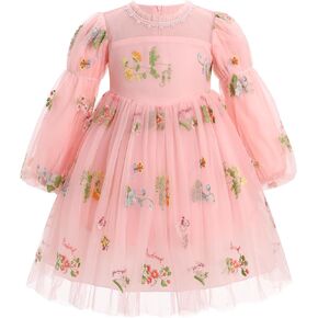Long Sleeve Baby Flower Girl Wedding Dress Princess Sheer Neck Floral Tulle Toddler Birthday Formal Easter Clothes