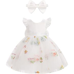 ODOLDI Kids Girls Wedding Flower Girl Dress Flutter Sleeve Embroidered Strawberry Pattern Mesh Tutu Dress with Bowknot