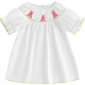 Toddler Girl Easter Smocked Dress Fly/Short Sleeve Bunny Embroidery Dresses Cute Summer Smocked Outfit