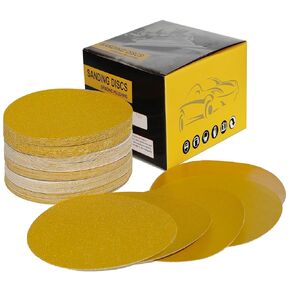 100 PCS 6 Inch Gold PSA Sanding Discs Set -20 Each of 80, 120, 180, 220, 400 Grit - Self Adhesive Stickyback Sandpaper Discs for 6" DA Sander Sand Automotive Car Paint, Woodworking, Metal