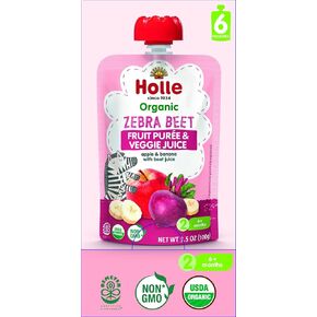 Holle Organic Baby Food Pouches - Zebra Beet Baby Puree with Apple, Banana & Beetroot - (6 Pack) Organic Baby Snacks + Fruit and Veggie Pouches for Weaning Babies 6 Months and Older
