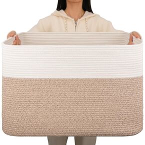 OIAHOMY 108L Extra Large Blanket Basket, 25"x16"x16" Laundry Basket, Blanket Storage for Living Room, Dog Toy Storage with Handle - Brown & White