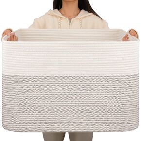 OiAhomy 108L سلة بطانية كبيرة إضافية ، 25 "x16" x16 "سلة غسيل الملابس ، تخزين بطانية لغرفة المعيشة ، تخزين لعبة الكلاب مع مقبض - بني آند أبيض in Kuwait