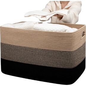 OIAHOMY 118L Extra Large Blanket Basket, Rectangle Woven Cotton Rope Storage Basket,Used for storing Dirty Clothes, Stuffed Animal Toy Storage for Living Room,Kids Room,25" x 17" x 16", Gradient Brown