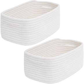 2 Pack Small Woven Storage Basket with Handles 12"x8"x5", Decorative Rope Bin for Home Organization,Cat & Dog Toys, Shelf Storage,Cotton Rope Room Shelf Storage Basket with Handles