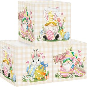 11.8" Easter Rabbit Gnome Storage Basket Bin Checkered Clothes Storage Cube Organizer for Closet Shelf Cute Tulip Eggs Nursery Kid Room Book Toy Chest, 3Pcs