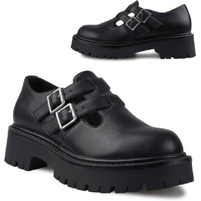 CANDIE'S ODILE Mary Jane Shoes, Women's Black Platform Shoes with Two Buckles & T Straps, Chunky Round Toe Low-Heeled Shoes for Ladies