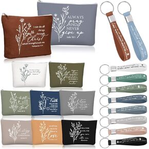 Fumete Christian Gifts Bulk for Women Inspirational Bible Keychains and Religious Boho Canvas Makeup Bags Thank You Employee Christmas Appreciation Gifts For Women Pastor Wife Church