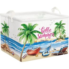 Clastyle Summer Beach Towel Storage Basket Palm Tree Lounger Kid Gift Toy Box Baby Laundry Hamper Collapsible Large Clothes Organizer Nursery Bin for Outdoor, Boat, 40 * 30 * 30 cm