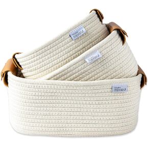 Storage Baskets Organizer Bins – Set of 3 Wicker Storage Baskets for Nursery Decor, Dog Toy, Vanity, and Skin Care Organizer – Durable Cotton Rope