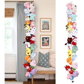 POVETIRE Stuffed Animal Storage Chain, 80 Inch Elastic Band Hanging Storage, White Cotton Stuffed Animal Display for Bedroom Nursery Corner Curtain Rod