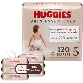 Bundle of Huggies Size 1 Diapers, Skin Essentials Baby Diapers, Size 1 (8-14 lbs), 198 Count (3 Packs of 66) + Huggies Skin Essentials Baby Wipes,99% Water, 6 Flip Top Packs (336 Wipes Total)