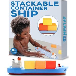 SplashEZ Boat Bath Toy, Mold Free Bath Toys for Kids & Toddlers Ages 1-3, No Hole Floating Ship with Stacking Blocks for Baby Bathtub, Pool, Shower for Boys & Girls, Kids Water Play Set