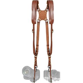 JUSTHERE Camera Harness, Dual Camera Harness for Photographers, Leather Camera Strap for Two-Cameras Double Camera Harness for DSLR/SLR Strap for Travel photography, Camping, Vacation (Brown)