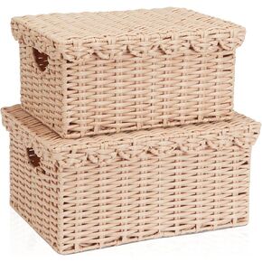 FairyHaus Scalloped Wicker Basket with Lid, Waterproof Wicker Storage Basket with Removable Tray Lid Cream, Handwoven Plactic Wicker Bakests for Nursery 2Pack, 15 x 11.22 x 7& 13 x 9.45 x 5.9