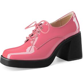 Oh Mispares Women's Chunky Heeled Oxfords Square Toe Platform Oxford Shoes for Women Lace-up Patent Leather Shoes Comfortable Business Dress Pump Shoes for Work