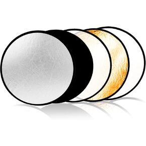 Reflector Photography 5-in-1, Portable Round Light Reflector Disc with Gold Silver White Black Diffuser, Durable & Water-Resistant for Portraits, Vlogging (24"/60cm)