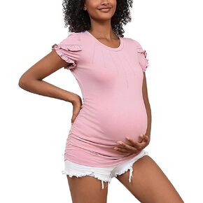 GINKANA Maternity Tops Short Petal Sleeve Tshirt Pleated Round Neck Tee Ruched Sides Shirts Casual Tunic