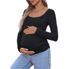 Women's Ruched Maternity T Shirts Scoop Neck Long Sleeve Fitted Casual Fall Basic Tee Tops