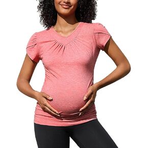 Bhome Maternity Pleated Casual Summer Tops Short Petal Sleeve V Neck Shirts Trendy Blouses Fashion Pregnancy Clothes
