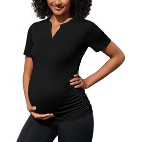 GNIKANA Maternity Shirt Short Sleeve V Neck Tee Ruched Sides Casual Tunic Pregnancy Tshirt Blouse