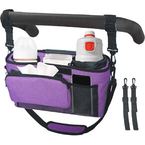 Universal Stroller Organizer, 2 Heightened Insulated Cup Holders, Detachable Zippered Pocket, Adjustable Shoulder Strap, Non-Slip Secure Hooks Accessories，Large Capacity for Baby Essentials Lilac