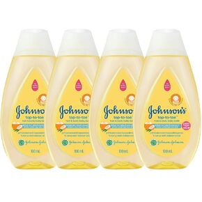 Johnson's Top-to-Toe Baby Wash and Shampoo, 4 Pack 3.38 oz. Travel Size Bottles, Natural Coconut Oil Gentle Hair and Body Baby Bath with Tear-Free Formula, Free of Parabens, Sulfates and Dyes