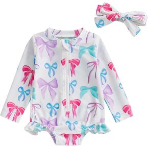 Dcohmch Baby Girl Rash Guard Swimsuit Long Sleeve Bow/Fruit Print Bathing Suit Infant Toddler Swimwear with Headband