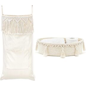 Mkono Macrame Hanging Laundry Hamper and Small Macrame Storage Basket for Toilet Tank Top Boho Bathroom Decor for Bedroom Living Room Nursery, Ivory, Set of 2
