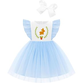 IBTOM CASTLE Toddler Baby Girls Easter Dress Flutter Sleeve Embroidered Bunny Tulle Tutu Dress+Hair Bow Photoshoot Outfit