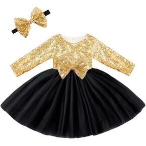 Cilucu Flower Girl Dresses Toddlers Sequin Party Dress Tutu Prom Cocktail Gown with Long Sleeve Rose Gold/Offwhite