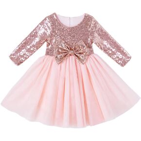 Cilucu Flower Girl Dresses Toddlers Sequin Party Dress Tutu Prom Cocktail Gown with Long Sleeve Rose Gold/Offwhite in Saudi Arabia