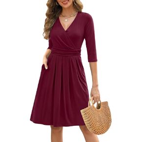 Zattcas Women's 2025 Spring Dress Dresses V Deck 3/4 Sleve Empire Plateed Fit and Flare Knee Bress مع جيوب