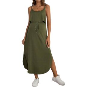 OYOANGLE Women's Maternity Nursing Dress Scoop Neck Drawstring Front Sleeveless Long Dresses