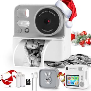 Kids Camera Instant Print with Silicone Cover, Dual Front and Rear Digital Cameras Toys for Toddlers, Birthday for Boy Girl 6-12 Years Old (White)