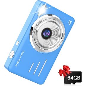 Digital Camera, Kids Camera with 64GB Card, 1080P FHD Compact Small Point and Shoot Camera for Photography, 16x Zoom, Autofocus, Flash, Anti-Shake, Gift for Children Teen Beginner Girl Boy, Blue
