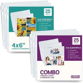 Dunwell Photo Album Refill Pages 12x12 - (4x6 Horizontal, 25 Pack) Holds 300 Pics, and (Mixed, 25 Pack) Holds 150 Vertical, Includes 6x12 Top Pocket, Acid-Free Poly