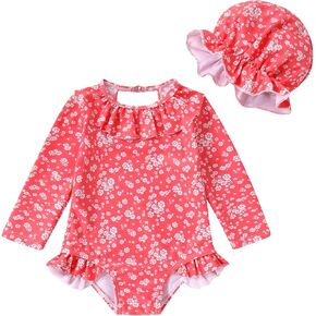 Infant Girl Baby Swimsuit Long Sleeve Rash Guard with Hat Set Floral Bathing Suit One Piece Swimwear