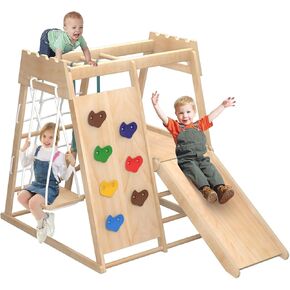 8-in-1 Indoor Playground, Indoor Jungle Gym for Toddlers, Kids Climbing Toys Indoor, Wooden Montessori Climber Playset with Swing, Slide, Monkey Bar, Wood Ladder, Climbing Net,Gymnastic Rings