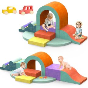 Foam Climbing Blocks for Toddlers, 12 PCS Colourful Toddler Climbing Blocks, Soft Play Set with Toy Car, Flexible Crawling and Sliding Climbing Blocks for Toddlers 1-3 Years Old