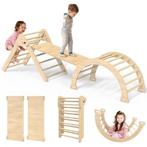 Pikler Triangle Set 7-in-1, Foldable Toddler Climbing Toys Indoor, Wooden Montessori Climbing Set with Arch/Ramp/Ladder, Baby Climber Jungle Gyms for Toddlers and Kids